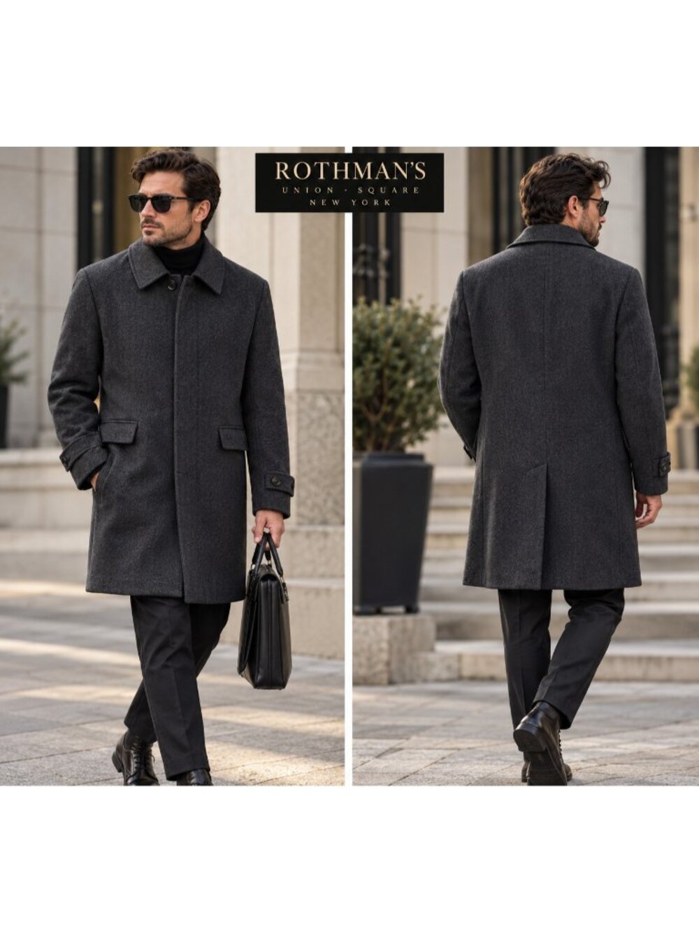 Rotherman’s Men’s Wool Cashmere Overcoat Size 58 Made Italy Black Classic Coat